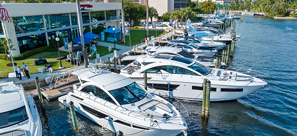 Cruisers Yachts models strewn along a MarineMax dock